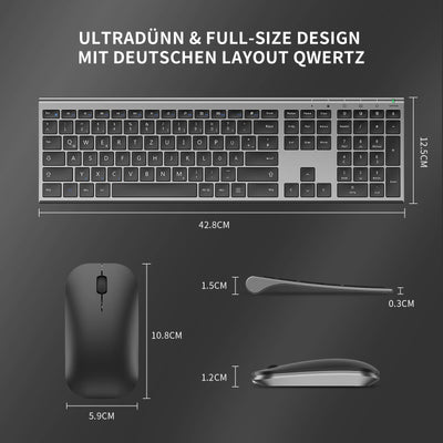 Kabelloses Tastatur Maus Set, seenda 2.4G Ultraflach Wireless Tastatur und Maus Aufladbar aus Aluminium, Deutsch QWERTZ Funktastatur Dünn für Windows/PC, Computer, Laptop, Smart-TV, Grau und Schwarz