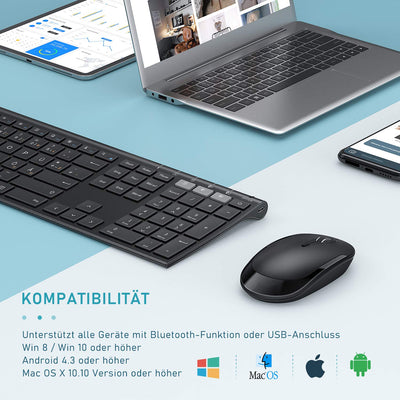 seenda Bluetooth Tastatur mit Maus Kabellos, Dual Bluetooth & 2.4G USB-Stick Tastatur Maus Set Kabellos, Wiederaufladbare Funktastatur Maus mit DE Layout für Mac/Windows/Android - Schwarz