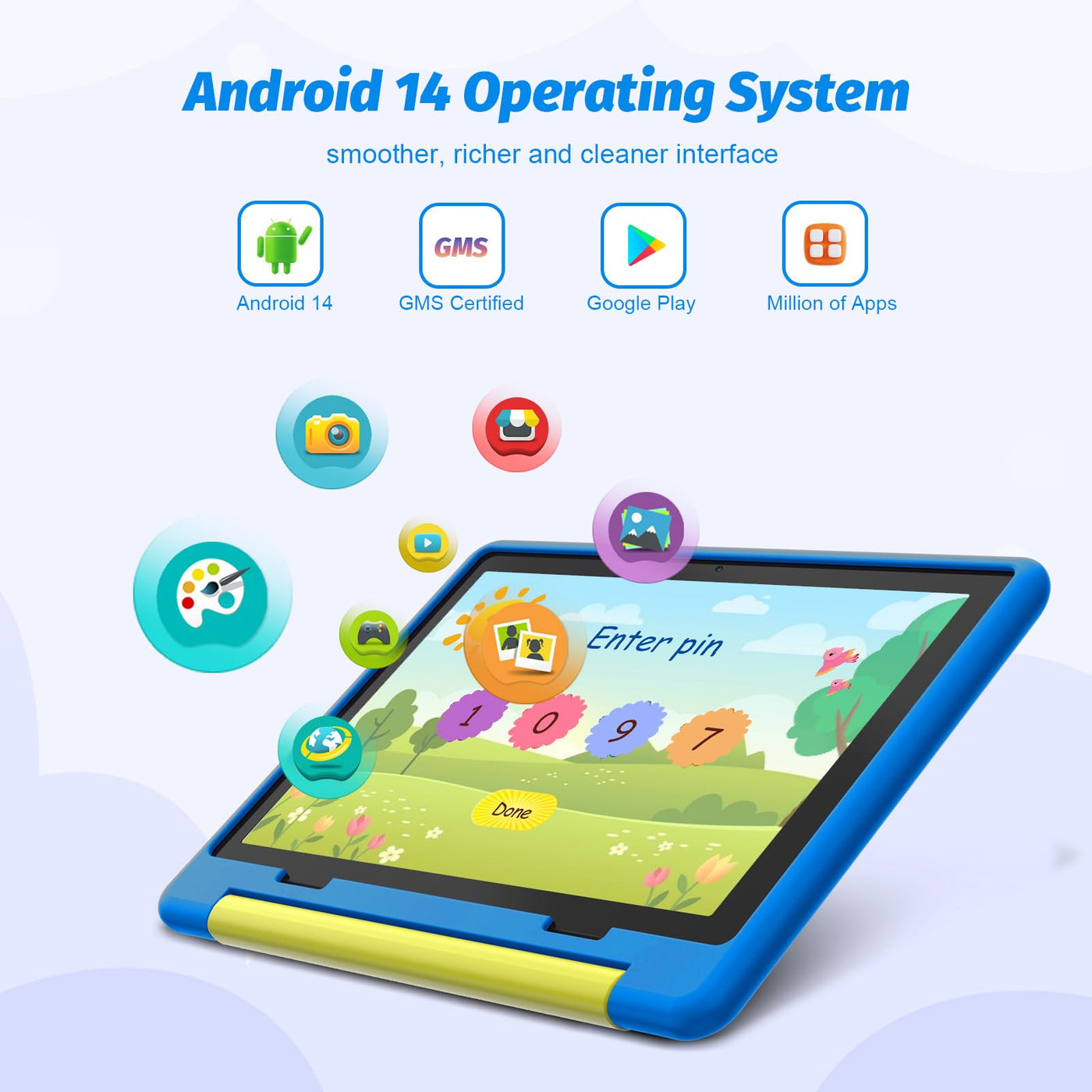 Cheerjoy Kinder Tablet 10 Zoll Android 14 Tablet für Kinder im Alter von 3-12 Jahren, Octa-Core, 8+64GB(TF 1TB), Kindersicherung, vorinstalliertes KIDOZ, 5G WiFi Tablet PC mit stoßfester Hülle-Blau