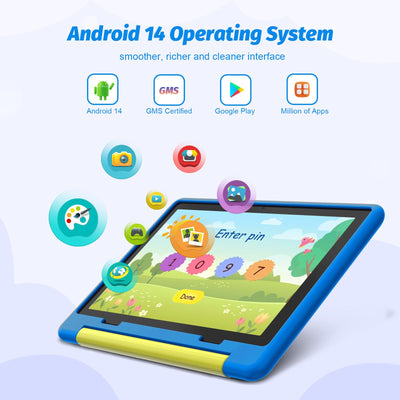 Cheerjoy Kinder Tablet 10 Zoll Android 14 Tablet für Kinder im Alter von 3-12 Jahren, Octa-Core, 8+64GB(TF 1TB), Kindersicherung, vorinstalliertes KIDOZ, 5G WiFi Tablet PC mit stoßfester Hülle-Blau