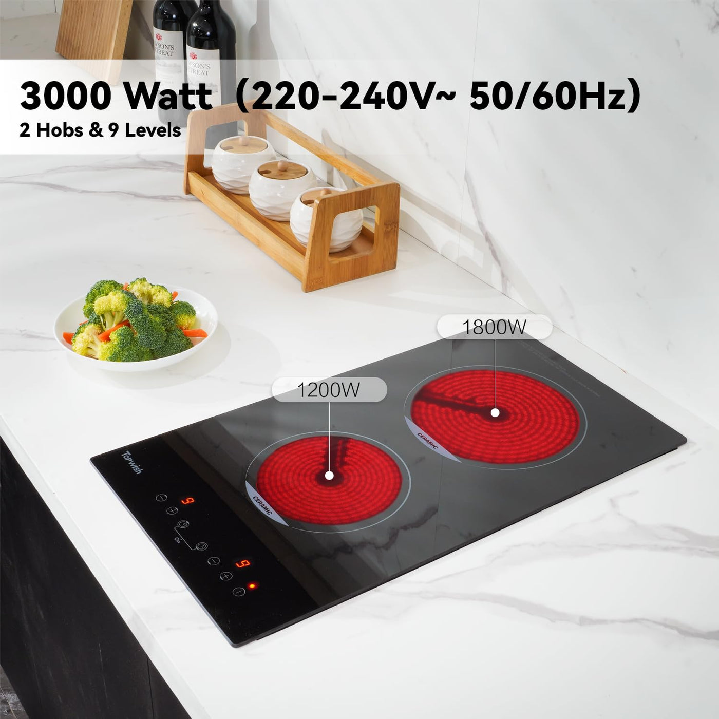 Topwish Glaskeramikkochfeld, 2 Zonen Keramikkochfeld, Elektroherd, integriertes elektrisches Kochfeld, Einbaukochfeld mit 9 Stufen, Kindersicherung, Touchsteuerung, Restwärmeanzeige, Timer, 29 * 52cm