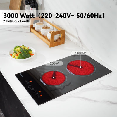 Topwish Glaskeramikkochfeld, 2 Zonen Keramikkochfeld, Elektroherd, integriertes elektrisches Kochfeld, Einbaukochfeld mit 9 Stufen, Kindersicherung, Touchsteuerung, Restwärmeanzeige, Timer, 29 * 52cm