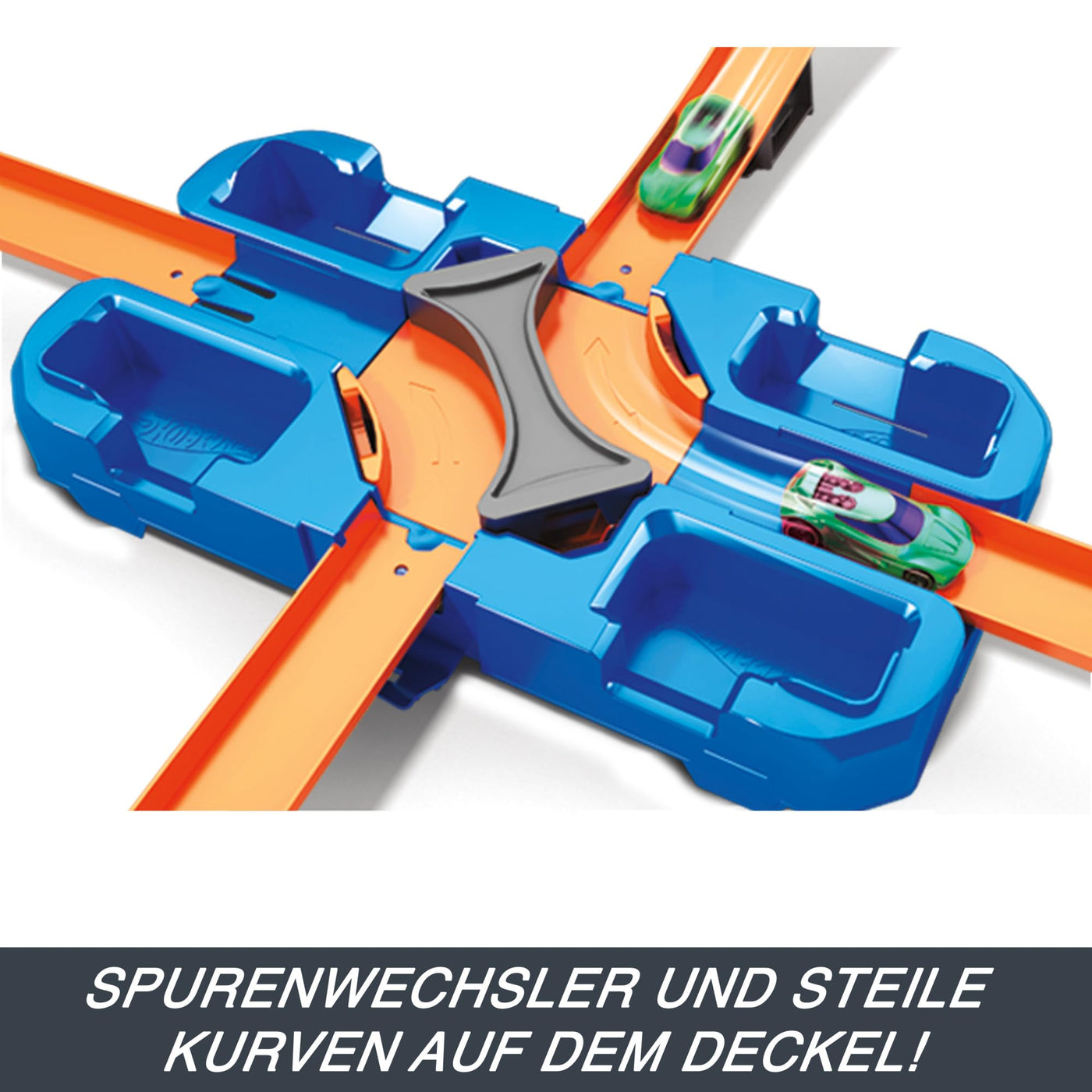 Hot Wheels Bahn Track Builder, Autorennbahn Bauset für Hot Wheels Autos, inkl. 2 Spielzeugautos, Spurwechsler, steile Kurven, Crashzone, Auto Spielzeug, Spielzeug ab 4 Jahre, GGP93
