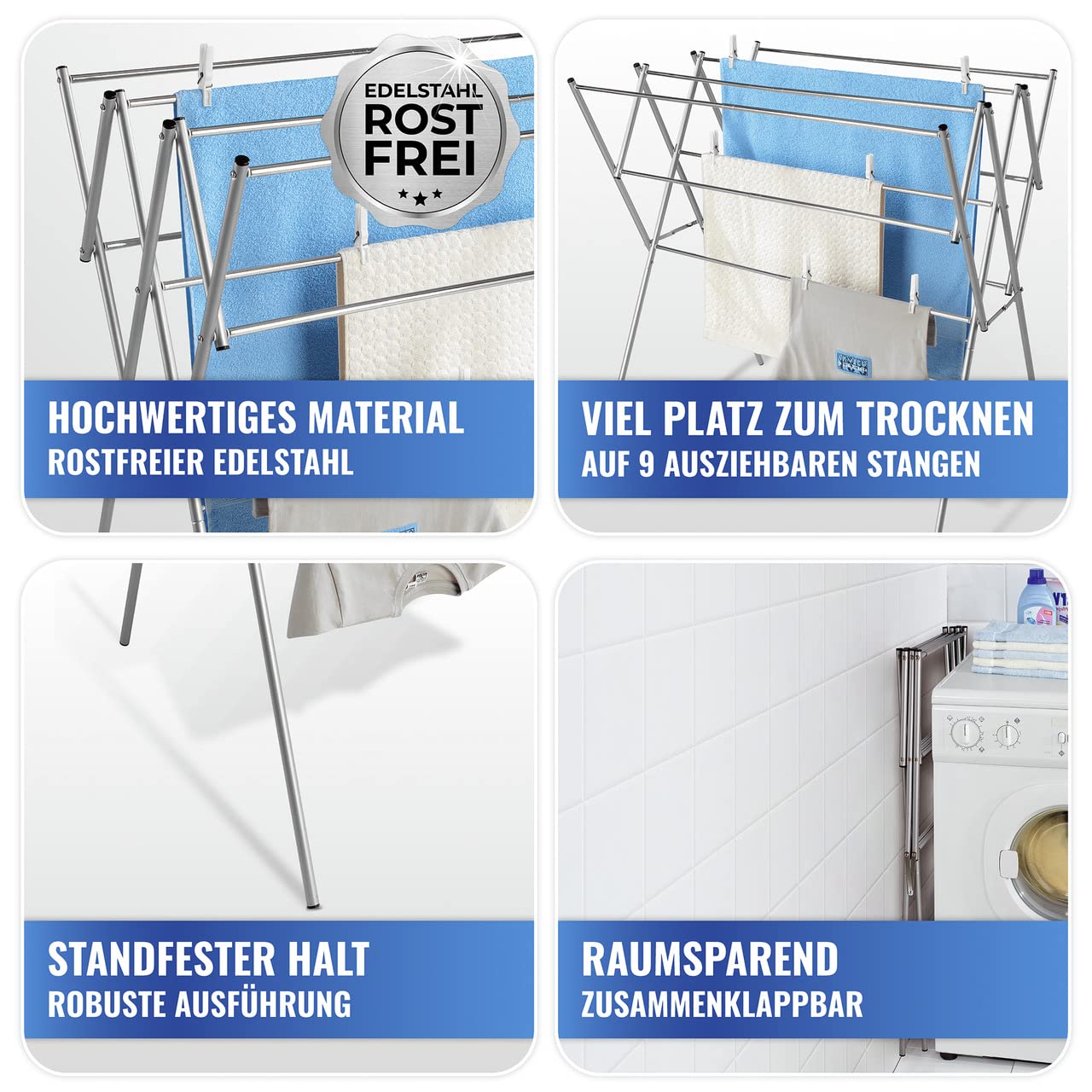 Maximex Teleskop-Wäschetrockner Edelstahl, rostfrei, von 54 bis 92cm ausziehbar, die Gesamttrockenlänge beträgt 7,78 m, standfeste Ausführung, aus rostfreiem Edelstahl