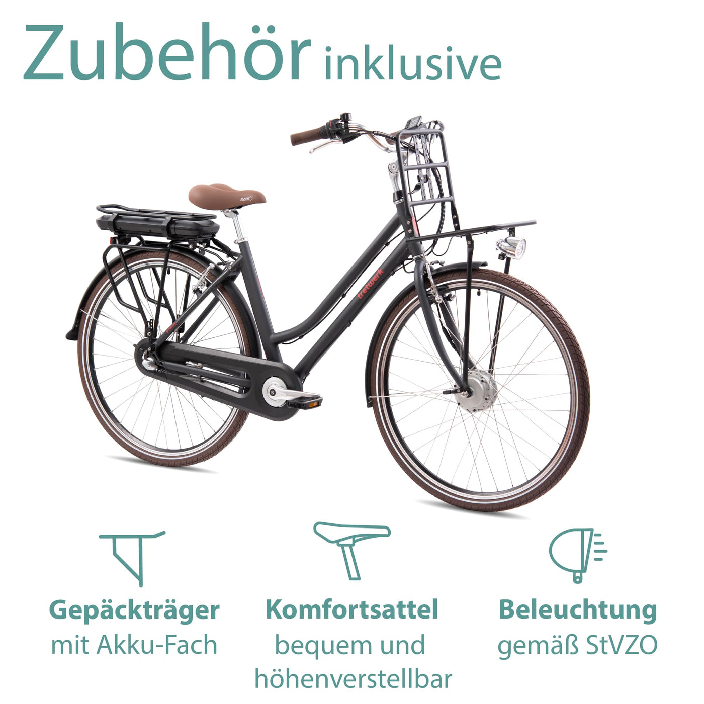 TRETWERK - 28 Zoll E-Bike Damen Pedelec - Sophia schwarz - E-Citybike Damenfahrrad mit 3 Gang Shimano Nexus Nabenschaltung - Elektrofahrrad mit Frontmotor 250W, 36V