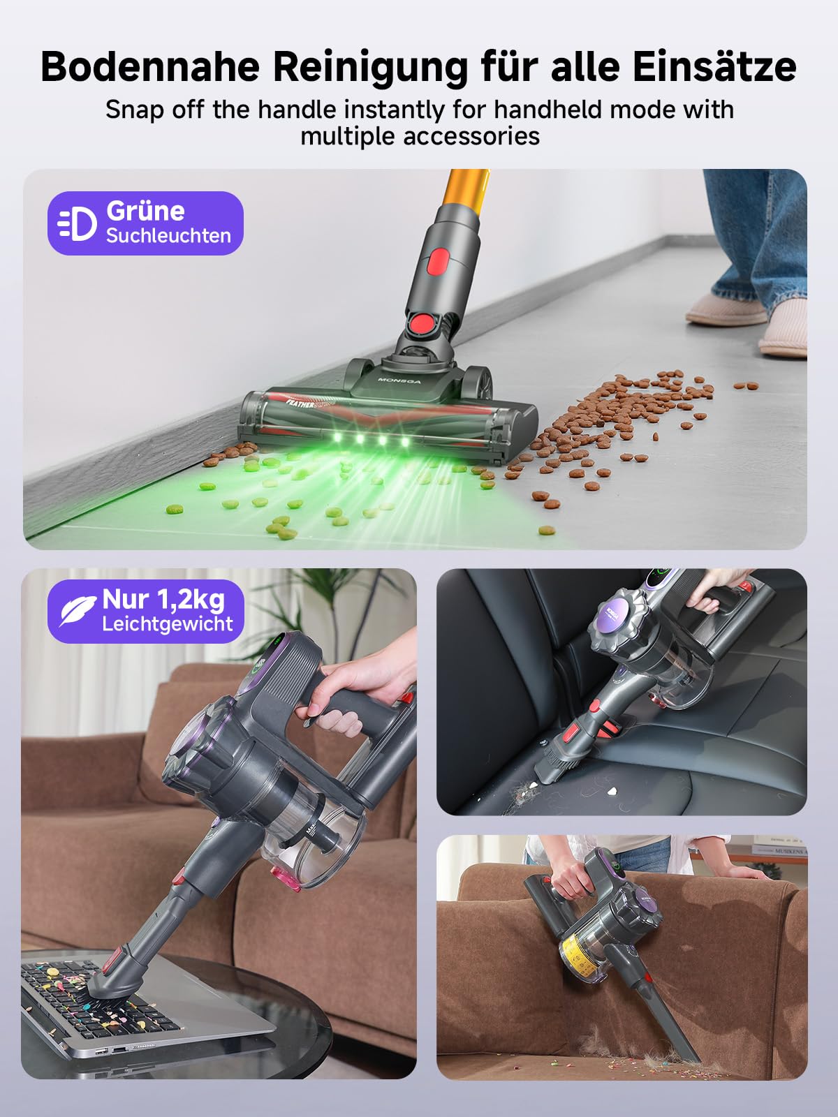 MONSGA Akku Staubsauger,45000Pa/50Mins Staubsauger Kabellos mit Display/Anti-Tangle-Bürste,Selbststehend,Wandladestation,8-Schicht-Filtration,Bürstenloser Motor,für Hartböden Teppiche Tierhaare Auto