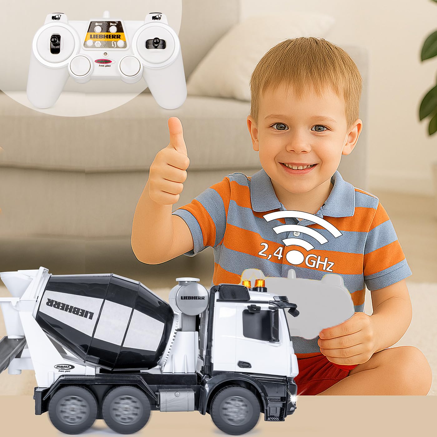 JAMARA Fahrmischer Mercedes-Benz Arocs Liebherr 1:20 2,4GHz - Offiziell lizenziert, Rückfahrwarnsound, 4 Radantrieb, Profilierte Gummireifen, LED Licht, Mischtrommel drehbar mit Entladefunktion