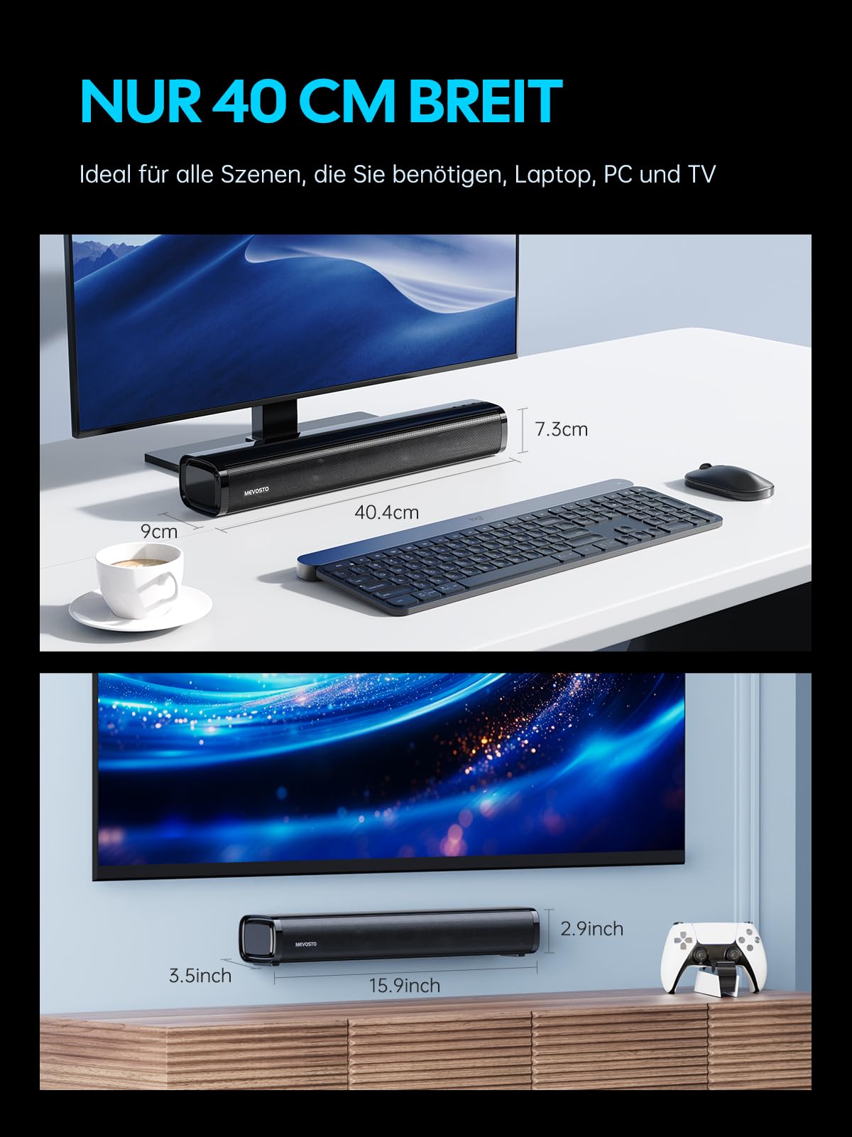 MEVOSTO Soundbar für TV Geräte PC Gaming Soundbar 60W Mini 2.1CH Integrierte Subwoofer BT5.4 Lautsprecher Computer mit USB Digital Audio/Optisch/AUX Voice Enhance 3 EQ Kompatibel Spielkonsolen-40cm