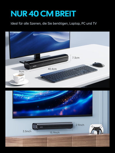 MEVOSTO Soundbar für TV Geräte PC Gaming Soundbar 60W Mini 2.1CH Integrierte Subwoofer BT5.4 Lautsprecher Computer mit USB Digital Audio/Optisch/AUX Voice Enhance 3 EQ Kompatibel Spielkonsolen-40cm