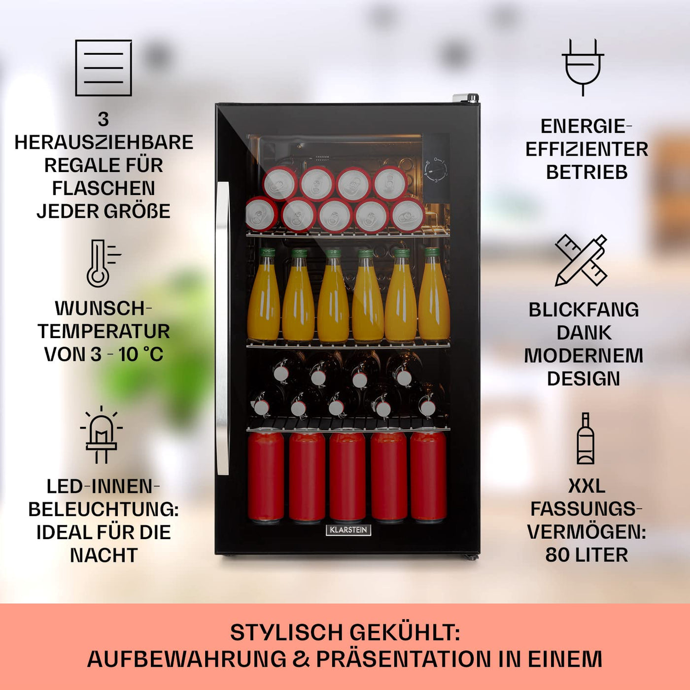 Klarstein Getränkekühlschrank, Kühlschrank Klein mit 3 Ablagen, Minikühlschrank Lautlos für Büro Camping Outdoor, mit Glastür, Mini Fridge 3-10°C, Bierkühlschrank 80 Liter, Schwarz