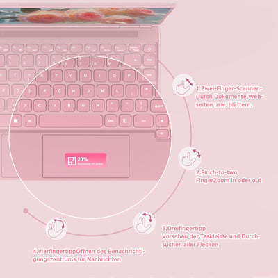 NOTODD 2025 Laptop 14 Zoll Win11 Pro 8+256GB SSD Unterstützung 1TB(TF-1TB) Celeron N5095 (bis 2.9GHz) 1920x1200 Notebook Kühlgebläse Type-C Deutscher Tastaturschutz und kabellose Maus-Rosa