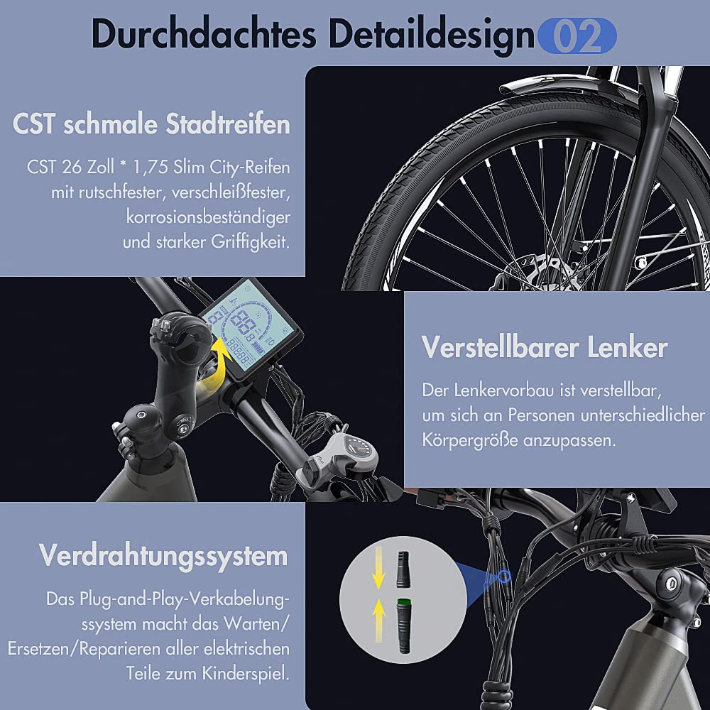 Fafrees F26 Pro ebike 14.5Ah Akku, Elektrofahrrad 250W 26 Zoll, City e-Bike 25km/h, e Bike Herren Damen, E-Fahrrad Support Mobile APP, Reichweite bis zu 55-110Km, Grau