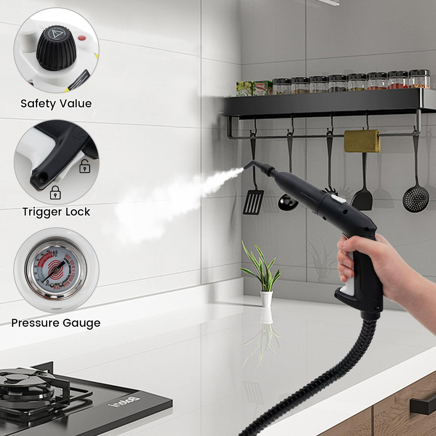 RELAX4LIFE Dampfreiniger, Dampfdruck: 5 bar, Leistung: 2000W, Flächenleistung: 108 m², Tank: 1,8 L, Aufheizzeit: 8 min., mit 24 Zubehöre&Druckmesser, für Teppiche, Boden, Fliese, Fenster, Sofa (Weiß)