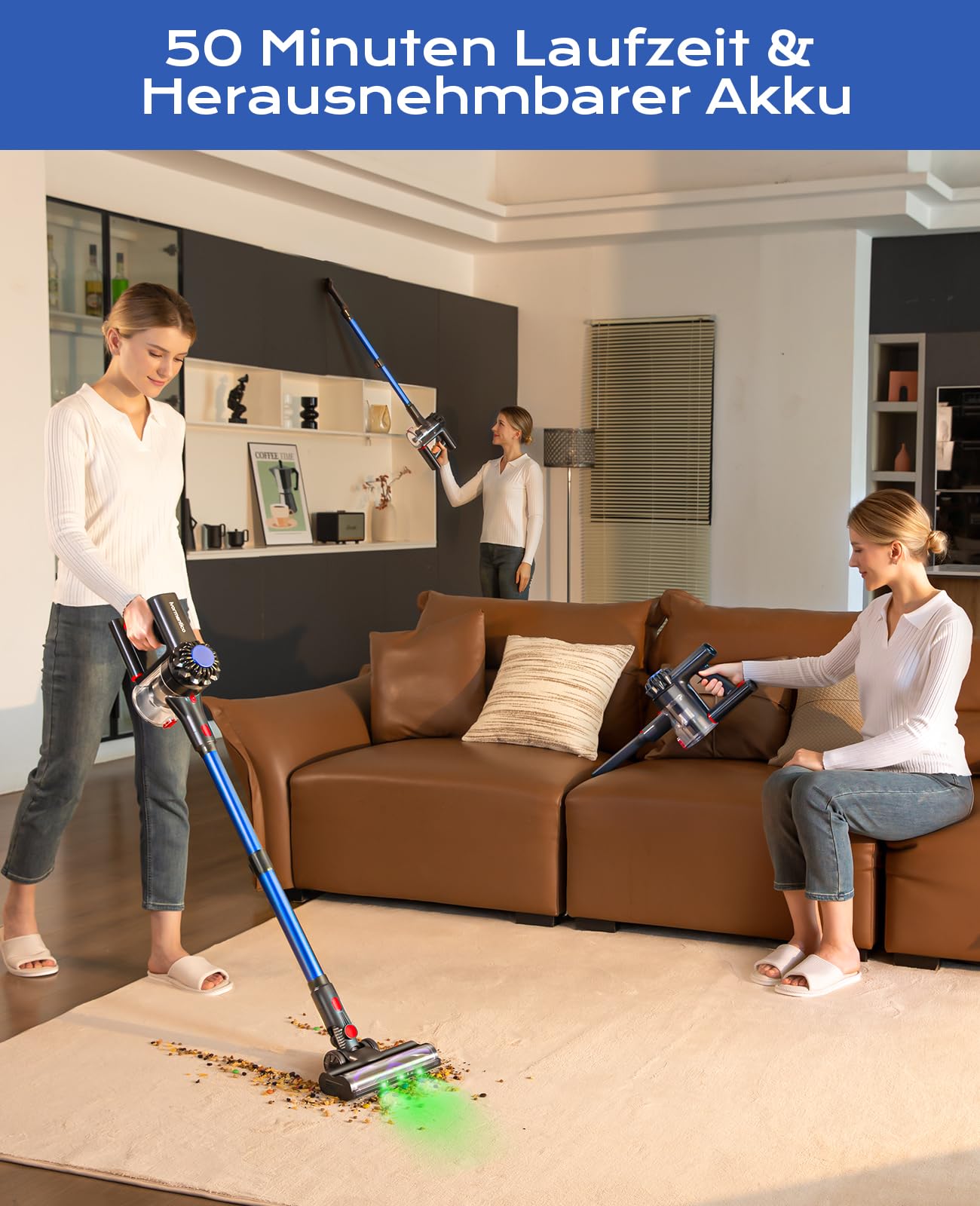 Ivormentico Akku Staubsauger Kabellos 50Mins/40KPA/450W, Akkustaubsauger mit Geen LED, Kabelloser Staubsauger mit Aufgerüstete Bodenbürste, Staubsauger Akku für Tierhaare, Blau