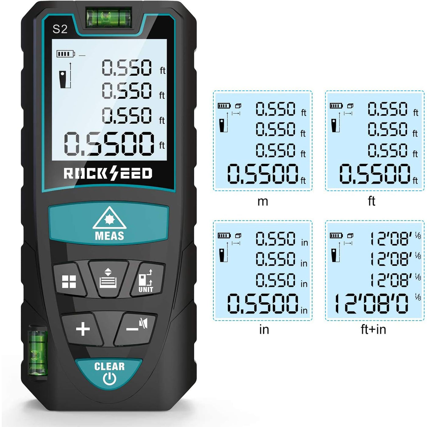 Laser-Entferungsmesser 100M,RockSeed Digitaler Lasermessgerät mit 2 Blasenebenen,Tragbarer Lasermessgerät M/In/Ft Einheit Hintergrundbeleuchtetes LCD zur Messung Entfernung/Fläche/Volumen/Pythagorean