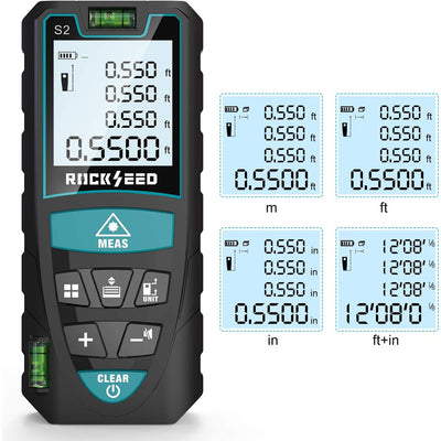 Laser-Entferungsmesser 100M,RockSeed Digitaler Lasermessgerät mit 2 Blasenebenen,Tragbarer Lasermessgerät M/In/Ft Einheit Hintergrundbeleuchtetes LCD zur Messung Entfernung/Fläche/Volumen/Pythagorean