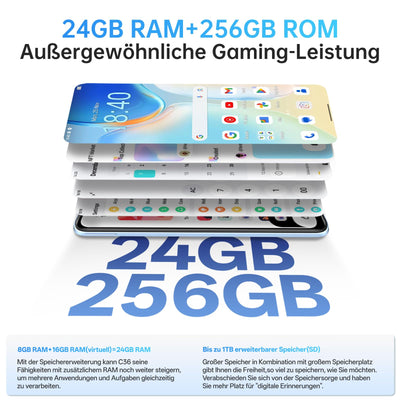 OUKITEL C36 Smartphone Ohne Vertrag 24GB+256GB/1TB,Android 14 4G Handy Günstig Octa Core,6,56 Zoll 90Hz Display,5150mAh Akku,13MP Panorama Kamera,Dual SIM Simlockfreie Handys,Fingerabdruck-Schwarz
