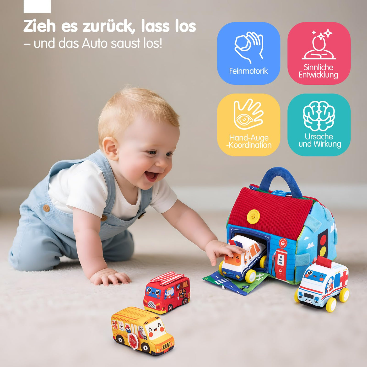 Hahaland Baby Spielzeug 6 12 Monate,4 Stück Spielzeugautos Set, Plüsch Pull-Back & Go Autospielzeug mit Spielmatten,Montessori Auto Spielzeug für 1 2 3 Jahr Jungen Mädchen,Geschenk für Kinder