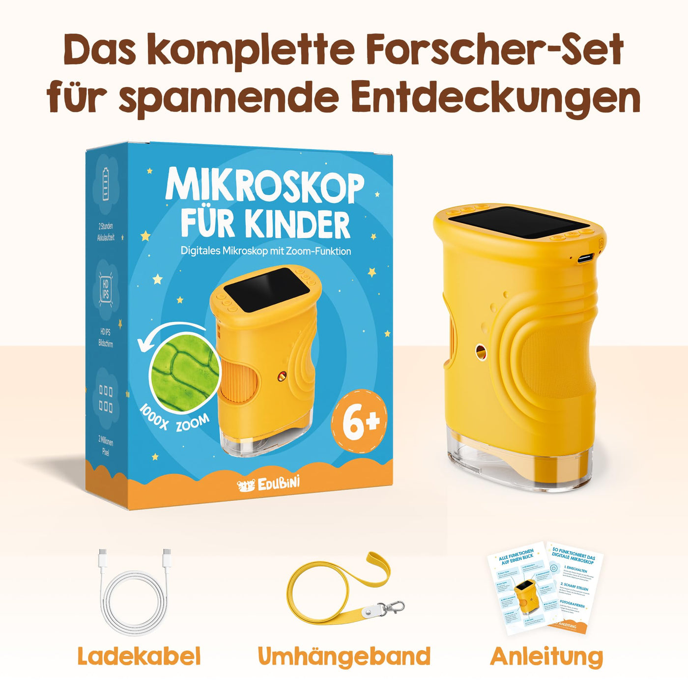 Edubini Digitales Mikroskop für Kinder [1000-fache Vergrößerung] - Tragbares Taschenmikroskop für Garten, Wald & Experimente - Kindermikroskop Spielzeug mit digitalem HD-Bildschirm [inkl Fotofunktion]