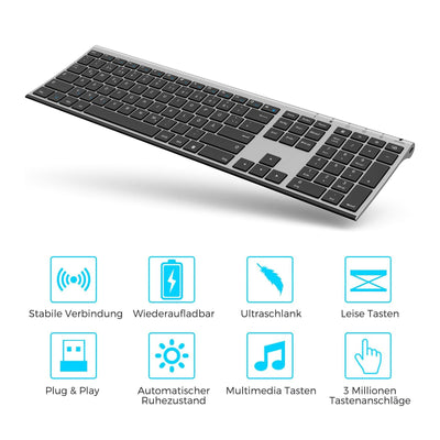 seenda Funktastatur mit Maus, Wiederaufladbare Tastatur Maus Set kabellos für Computer/Laptop, leise klick, Fullsize & QWERTZ Layout(Schwarz & Grau)