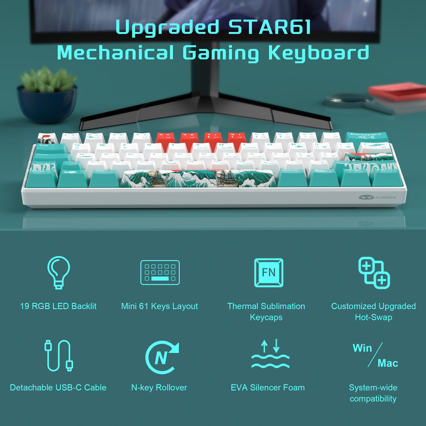 MageGee MK-STAR61 60% Mechanische Tastatur DE Layout, Hot-Swap-fähige kabelgebundene RGB-Gaming-Tastatur mit Farbstoff-Sublimationstastenkappen, vorgeölten Schaltern, Eva-Schaum für Mac/Win (Wellen)