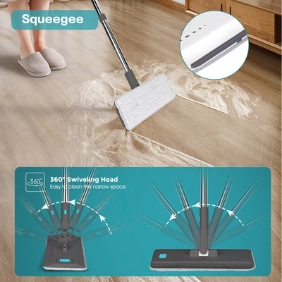 Masthome Wischmopp Set mit Eimer, Putzeimer mit Wischmop mit 6 Wischpads,Bodenwischer mit Auswringfunktion,Flachmopp und Putzeimer Set für Bodenreinigung Hartholz, Fliesen, Laminat - Grau+Blau