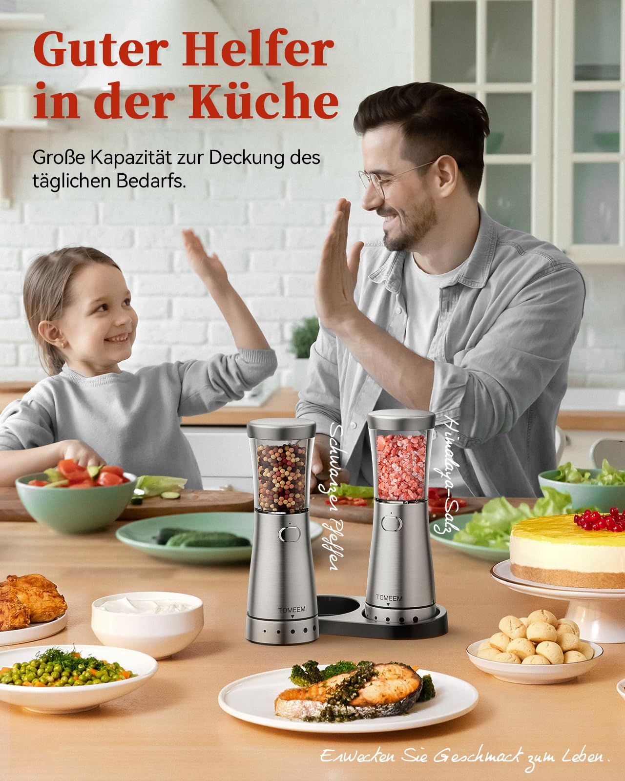 Salz und Pfeffermühlen elektrisch 2er Set aus Edelstahl (Wiederaufladbar, LED Beleuchtung, mit einstellbarem Keramikmahlwerk, Reinigungsbürste Bürste) Gewürzmühle elektrisch