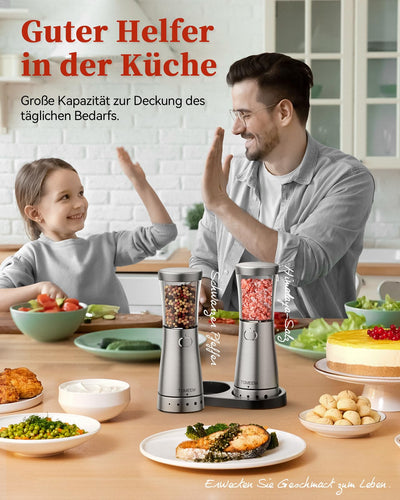 Salz und Pfeffermühlen elektrisch 2er Set aus Edelstahl (Wiederaufladbar, LED Beleuchtung, mit einstellbarem Keramikmahlwerk, Reinigungsbürste Bürste) Gewürzmühle elektrisch