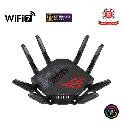 ASUS ROG Rapture GT-BE98 Quad-Band WiFi 7 Gaming Router (320MHz Bandbreite, duale 10G Ports, Backup WAN, Mobile Game Mode, Aura RGB, AiMesh, VPN)