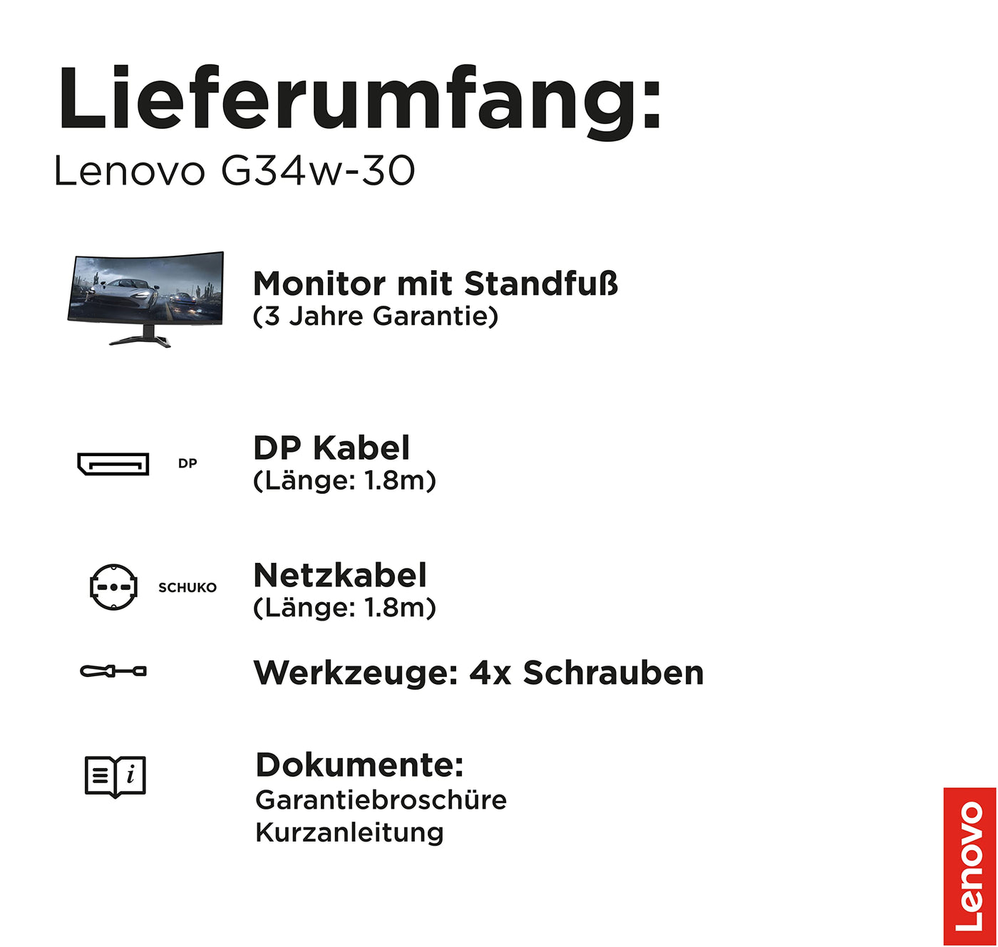 Lenovo G34w-30 | 34" QHD Gaming Monitor | 3440x1440 | 165Hz | 350 nits | 0,5ms Reaktionszeit | HDMI | DisplayPort | AMD FreeSync | integr. Lautsprecher | höhenverstellbar | schwarz