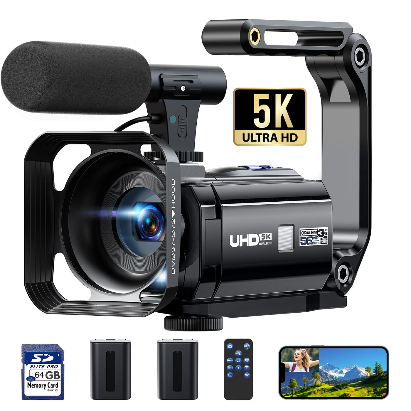 Videokamera 5K 56MP Camcorder Doppelobjektiv 16X WiFi Vlogging Kamera für YouTube 3" Touchscreen IR Nachtsicht Videorekorder mit 2 Batterien, 64GB Karte, Fernbedienung, Mikrofon