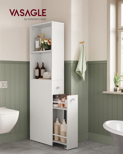 VASAGLE Badezimmschrank hoch, Hochschrank, Badschrank schmal, freistehend, mit Schubladen und höhenverstellbarer Ablage, für kleine Räume, modern, klassikweiß BBK567T14
