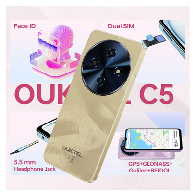 OUKITEL C5 Smartphone Ohne Vertrag, 16GB RAM+128GB ROM/1TB, 6.52" Bildschirm Handy Ohne Vertrag, 5000mAh Android Smartphone, 13MP Kamera Simlockfreie Handys, Dual 4G SIM/Face ID/OTG/3.5mm Jack