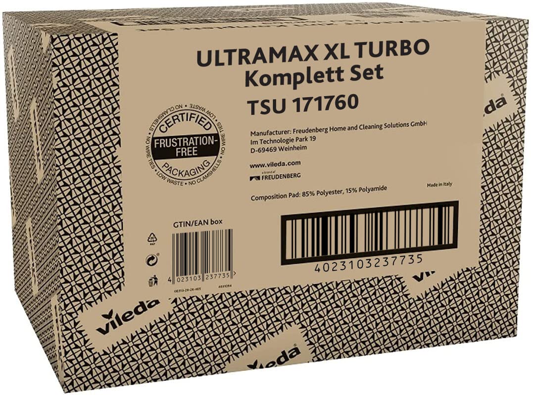 Vileda Ultramax Turbo XL Set, XL Bodenwischer mit Teleskopstiel für große Flächen, Mikrofaser-Wischbezug, Eimer mit Schleuder, für alle Hartböden, Love it Clean, Eco-Verpackung