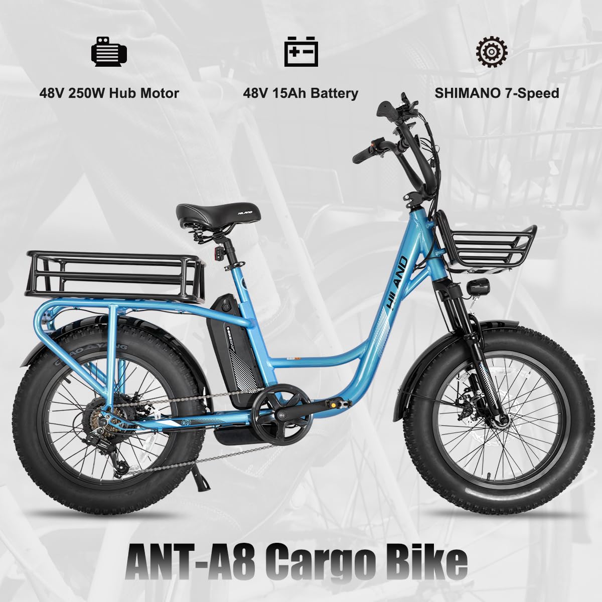 HILAND 20 Zoll Fat Tire Cargo E-Bike für Erwachsene, Leichter Aluminiumrahmen Elektrofahrrad, Shimano 7 Gänge mit Federgabel Ebike Blau