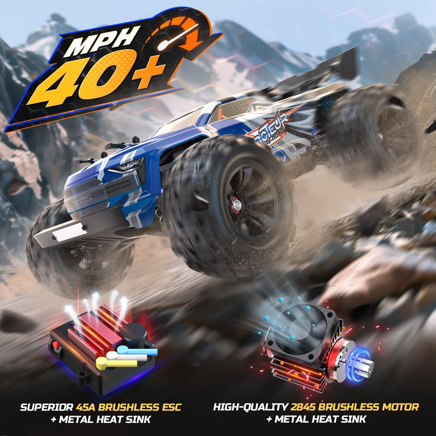 DEERC H16E Ferngesteuertes Auto 1:16 Bürstenloser Motor 70 km/h, 4 WD Schnelles Rennauto mit 2 Akku für 40 Min. Laufzeit, 2.4-GHz RC Auto für Erwachsene und Kinder