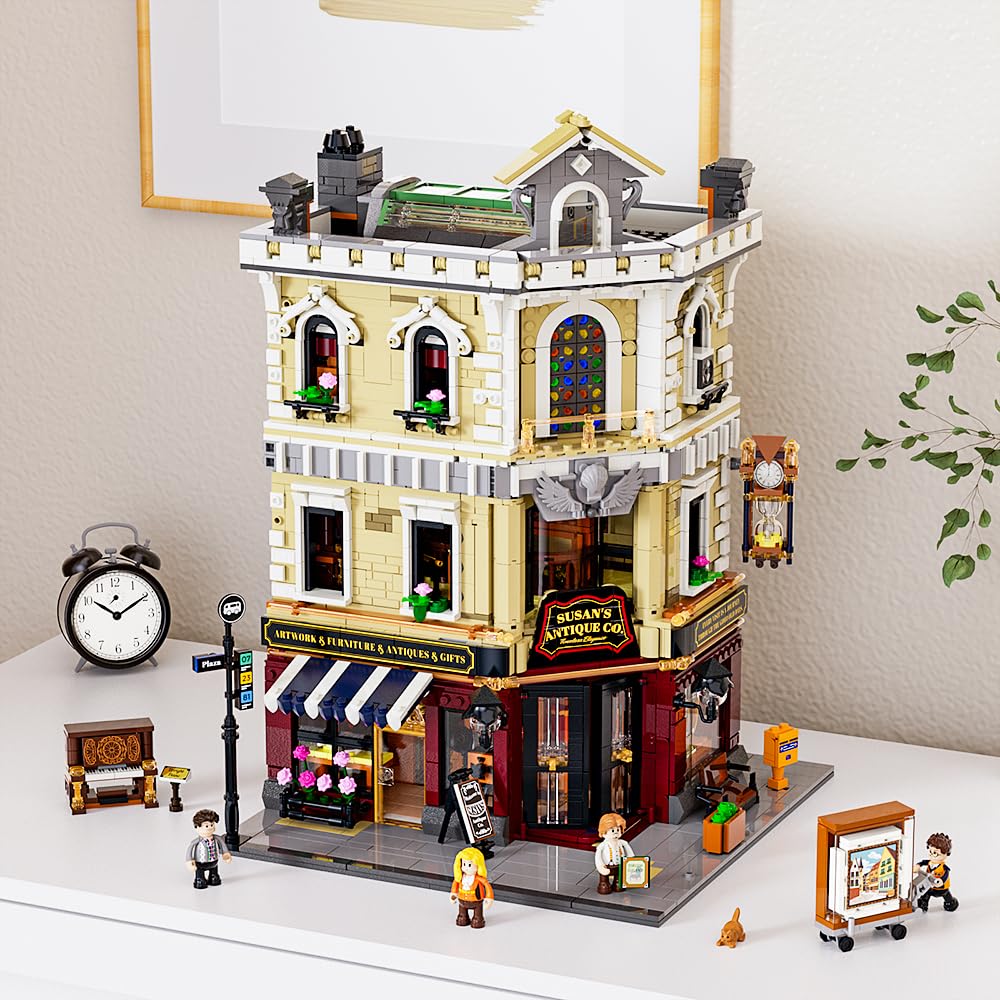 Funwhole Antiquitätengeschäft Beleuchtung Bausteinset - Stadtleben Eckladen LED-Licht Baukasten Modellset 2847 Stücke für Erwachsene und Jugendliche,F9033