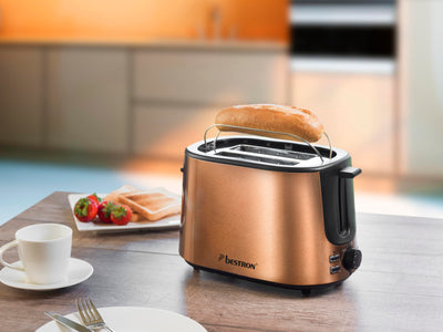 Bestron Toaster mit 2 Röstkammern, Krümelschublade und Brötchen-Röstaufsatz, 1.000 W, Edelstahl in Kupfer-Optik