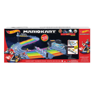 Hot Wheels Mario Kart Autorennbahn in Regenbogen Farben, inkl. 2 Spielzeugautos (Mario & King Boo), mit Beleuchtung und Geräuschen, 2 Aufbaumöglichkeiten, Länge: 2.5m, Spielzeug ab 4 Jahre, GXX41
