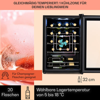 Klarstein Weinkühlschrank, 1 Zonen Getränkekühlschrank Klein, Kleiner Weinschrank 53L, Wein-Kühlschrank Klein mit Glastür, Indoor/Outdoor Flaschenkühlschrank, Wine Fridge 5-18°C, 20 Flaschen