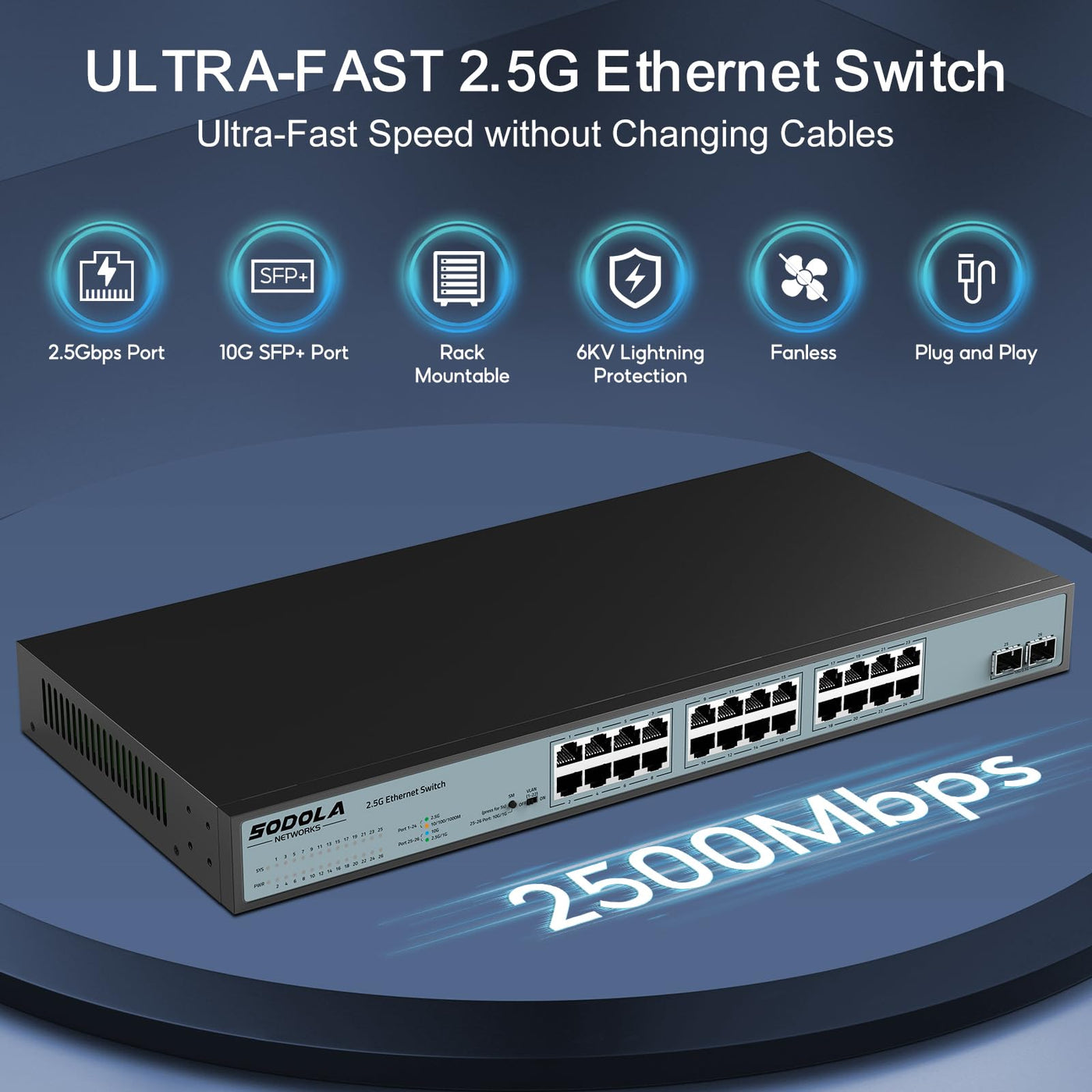 SODOLA Umanaged Switch mit 24 Ports, 2,5 GB, 24 x 2,5 G Base-T-Ports, 2 x 10 G SFP, 160 Gbit/s Schaltkapazität, Portisolierung, IU Rack-Mount/lüfterlos/Plug & Play Multi-Gig, nicht verwalteter