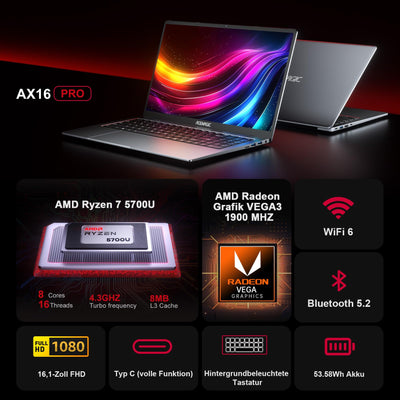 AOC AX16PRO Laptop Ryzen 7 5700U, bis zu 4,3 GHz, RAM 16 GB M.2 NVMe SSD 512 GB Laptop, Tastatur mit Hintergrundbeleuchtung, Radeon RX Vega 8 Graphics Notebook, WiFi-6,1080p, Typ-C, Metallgehäuse