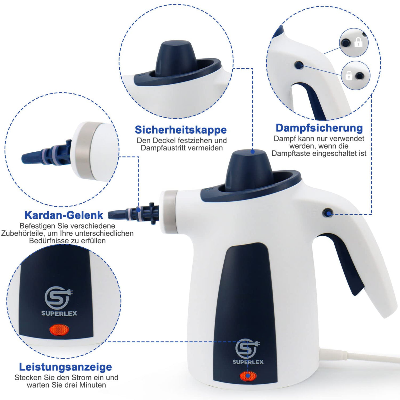 Superlex 10-in-1 Dampfreiniger Handgerät für die Reinigung, Tragbarer Handdampfreiniger 3,5 bar Dampfdruck, Hochdruckreiniger für Teppiche, Vorhänge, Küche Steam Cleaner