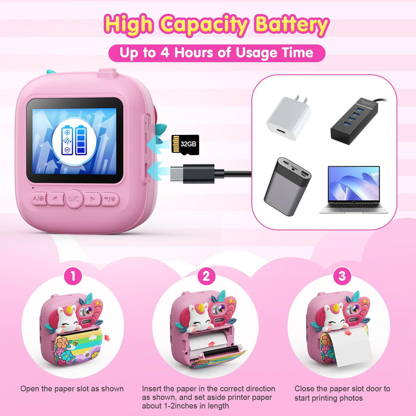 TIATUA Kinderkamera Sofortbildkamera, 1080P 2,4 Zoll Sofortbildkamera Kinder mit 32G Karte und 3 Rollen Druckerpapier, Digitalkamera Kinder mit Farbigen, Geschenke für Jungen und Mädchen 3-14 Jahre