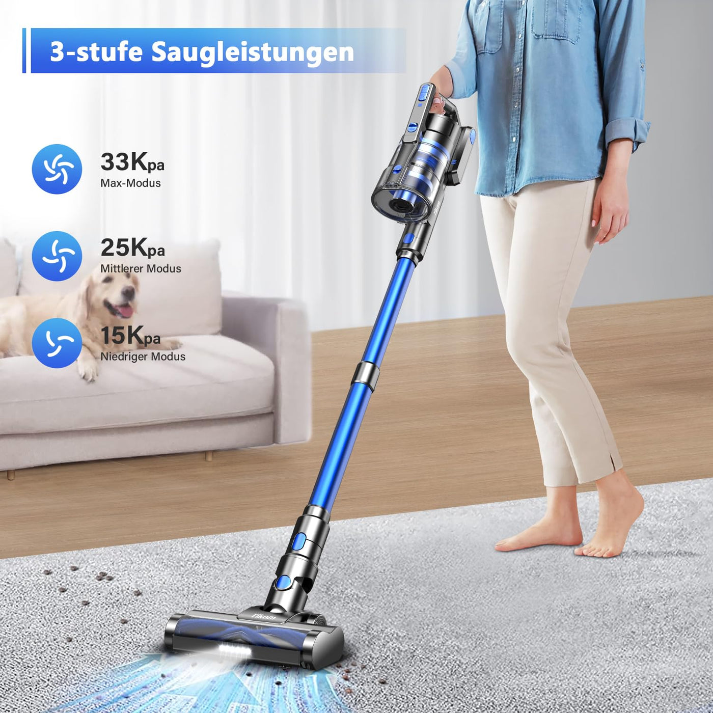 Tikom V700 Akku Staubsauger 450W 33000pa Saugkraft, 40Mins Max, 6 in 1 Staubsauger Kabellos mit 1.3L Staubbehälter, für Teppich, Tierhaare, Hartboden, Blau