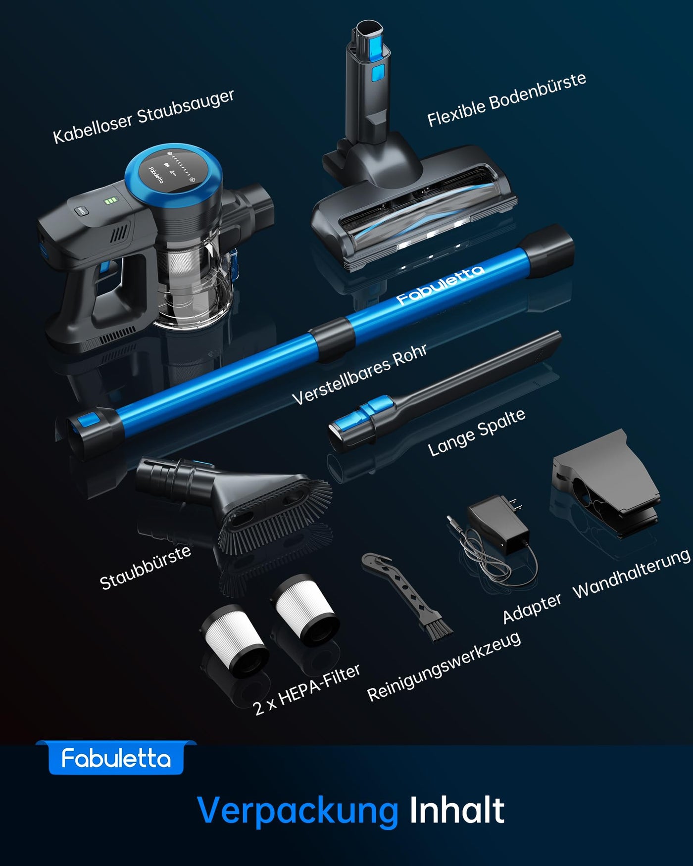 FABULETTA Akku Staubsauger, 6 in 1 Staubsauger Kabellos bis zu 50Min. Laufzeit, Leicht Akkusauger mit LED Display & Anti-Tangle-Bürste, für Teppich, Hartboden und Tierhaare (Blau)