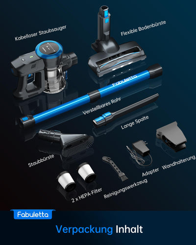 FABULETTA Akku Staubsauger, 6 in 1 Staubsauger Kabellos bis zu 50Min. Laufzeit, Leicht Akkusauger mit LED Display & Anti-Tangle-Bürste, für Teppich, Hartboden und Tierhaare (Blau)