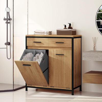 EUGAD Badezimmerschrank mit 2 faltbaren Wäschesäcken, Wäscheschrank mit 2 Schubladen, Wäschesammler Wäschekorb, Badschrank Badmöbel mit Metallrahmen, helle Eiche + Schwarz, 72,5x80x34 cm