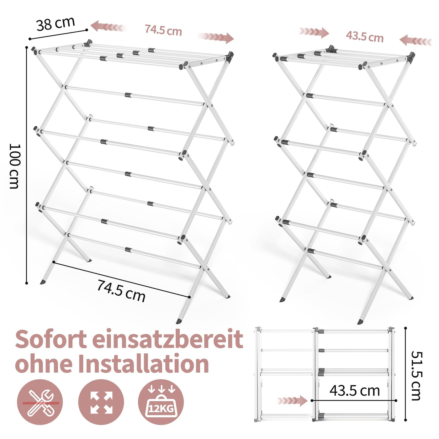 SYKIARIOL Wäscheständer Klappbar Platzsparend, Standtrockner mit 3 Ebenen und 11 Stangen, Kleiner Turmwäscheständer, Faltbarer und ausziehbarer Wäscheturm für Wäscheküche, Weiß