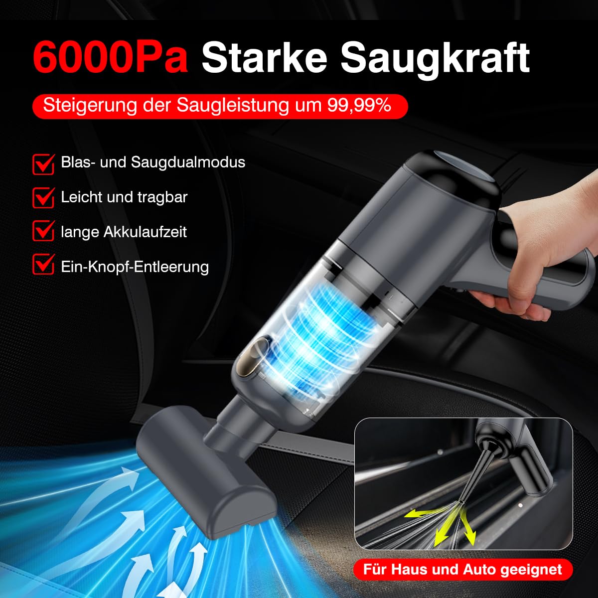 USUIELIGHT Handstaubsauger Akku 6000Pa - Handstaubsauger Kabellos mit 18 Min Laufzeit, 4000mAh, Leicht und Tragbar, Autosauger mit Blas- und Saugfunktion für Auto, Haus, Büro, Tierhaare